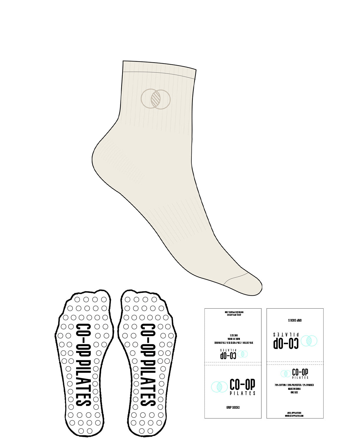 The 1/2 Crew Sock - Off White - Co-Op Pilates - Top Logo Round - Embroidered - Tone on Tone - Circle Shape Grip - Transparent