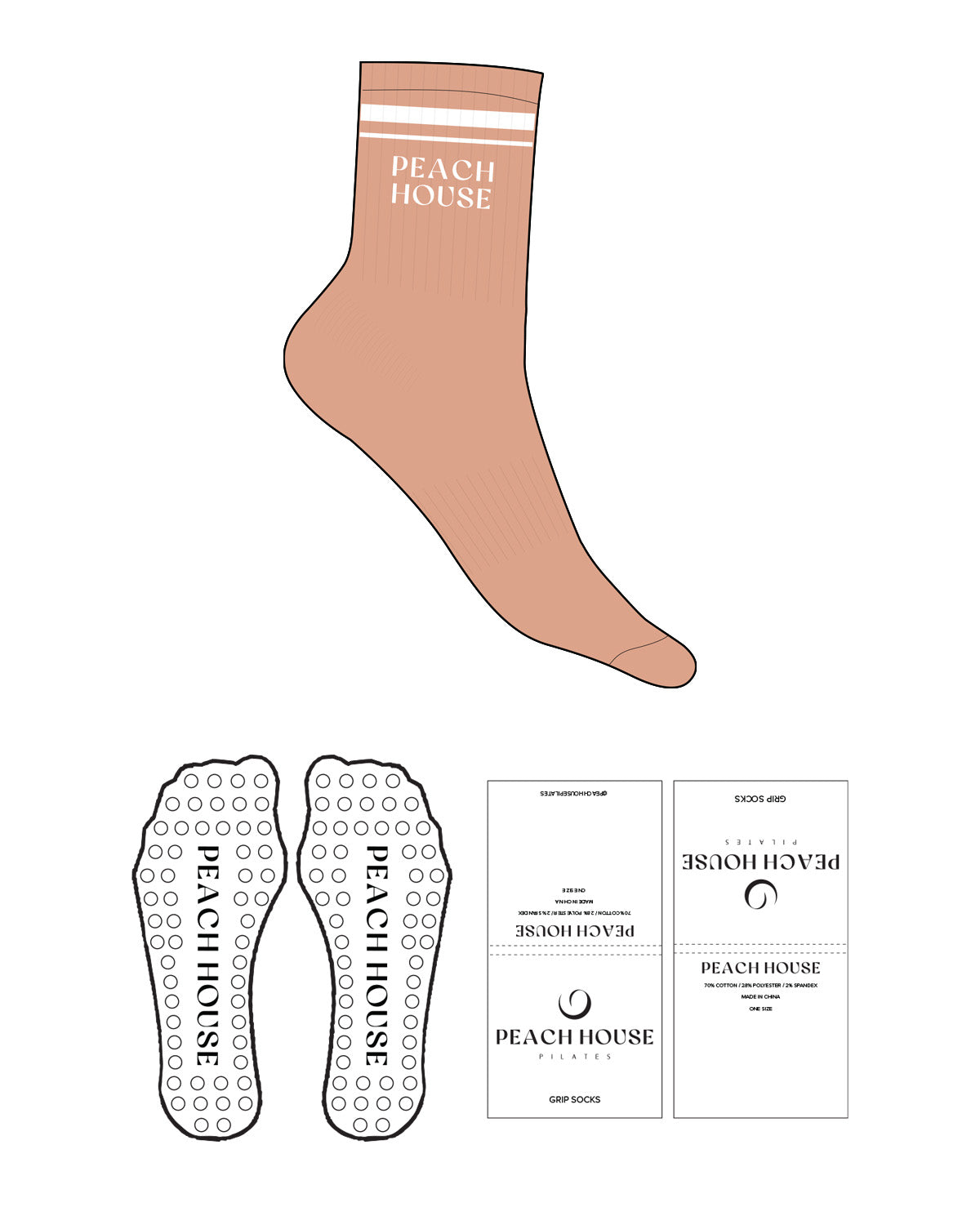 The 3/4 Crew Sock - Peach(L70) - Peach House Pilates - 3 Strips - Top Logo Stacked - White - Circle Shape Grip - Transparent