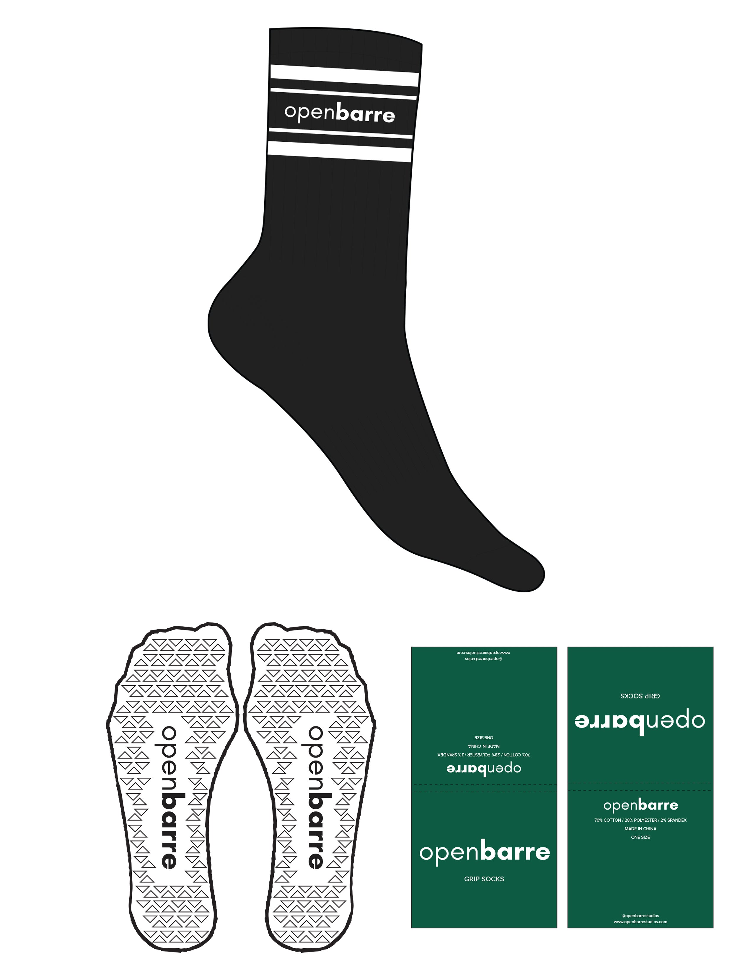 The Crew Sock - Black - OPENBARRE - 4 Stripes - Top Logo - White - Triangle Grip - Black