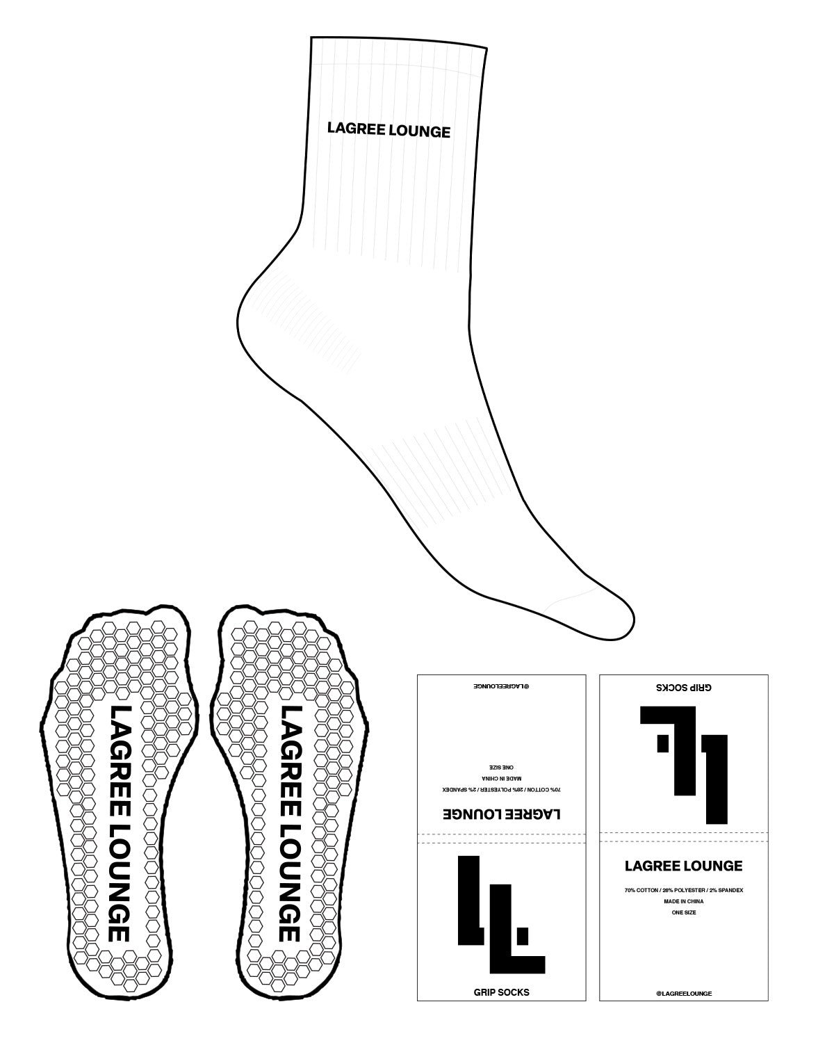 The 3/4 Crew Sock - White - Lagree Lounge - Top Center Text - Black - Hexagon Grip Shape - Black