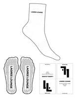 The 3/4 Crew Sock - White - Lagree Lounge - Top Center Text - Black - Hexagon Grip Shape - Black
