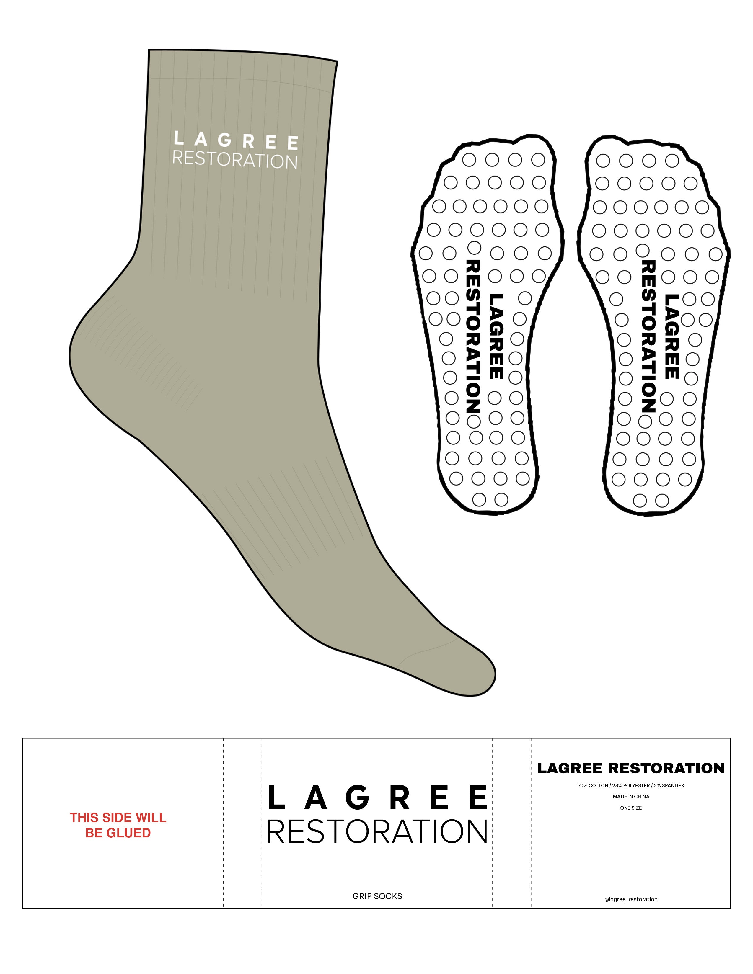 The 3/4 Crew Sock - Moss Gray -  Lagree Restoration - Top Logo Stacked - White - Circle Grip - Transparent