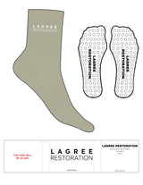 The 3/4 Crew Sock - Moss Gray -  Lagree Restoration - Top Logo Stacked - White - Circle Grip - Transparent