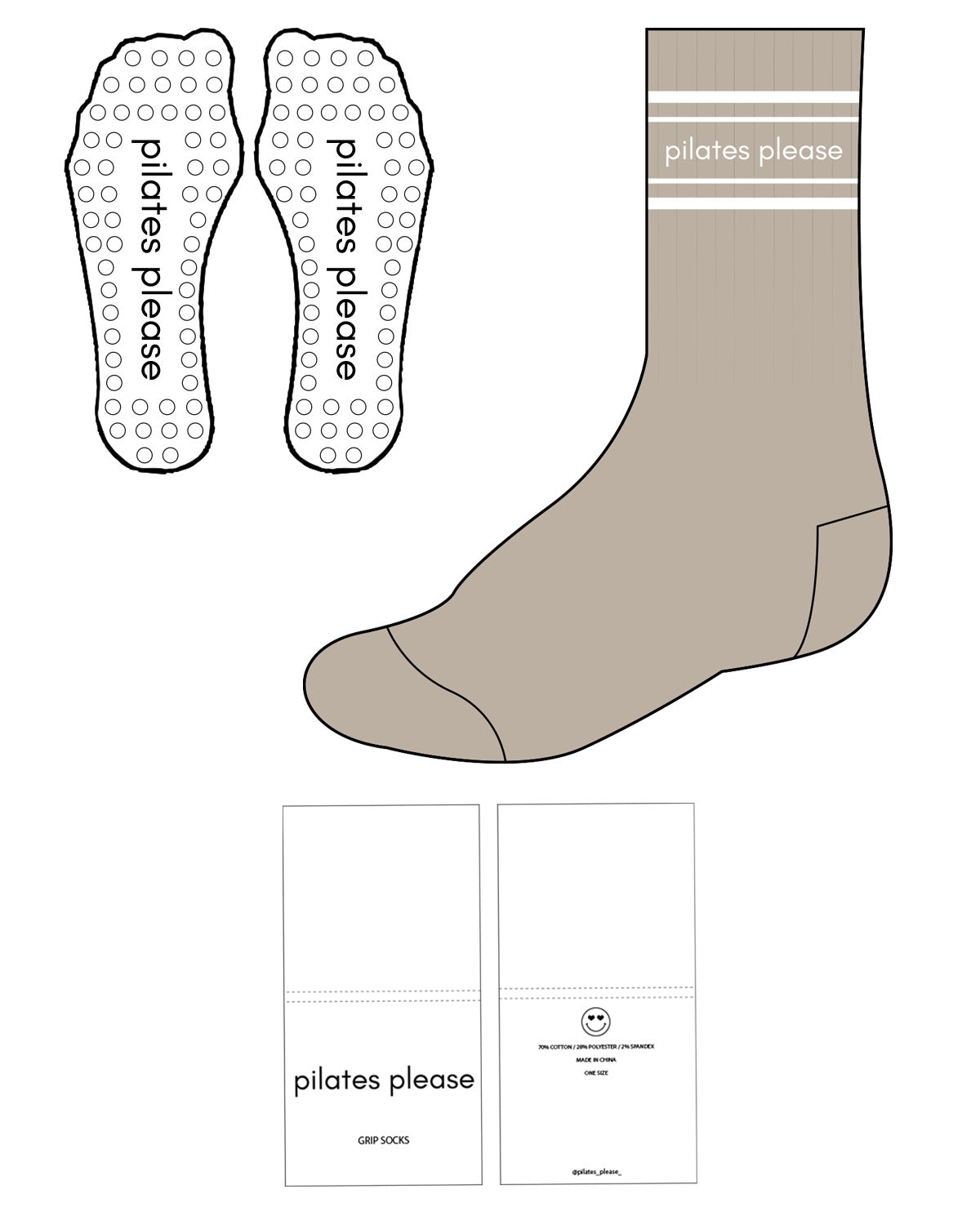 The Crew Sock - Tan - Pilates by Nix - 4 Lines - Center - Small Letters - White - Grip - White