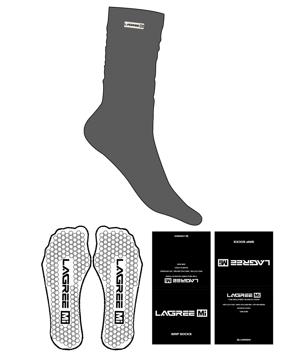 The Slouch Sock - Charcoal - Lagree Mi - Sew on Label - Hexagon Shape Grip - Transparent