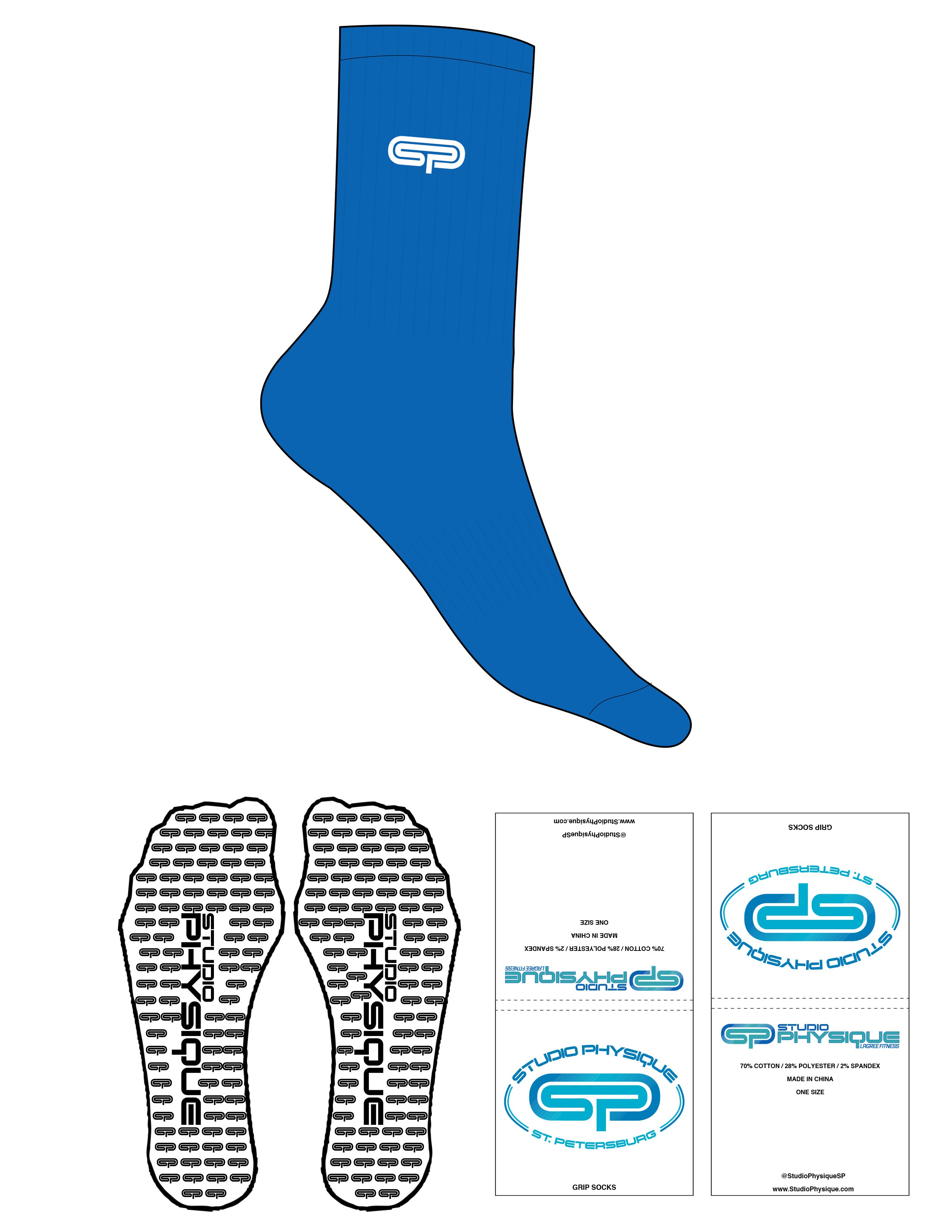 The Crew Sock - Blue - Studio Physique - Top Logo - Embroidered - White - Custom Icon Grip - Transparent