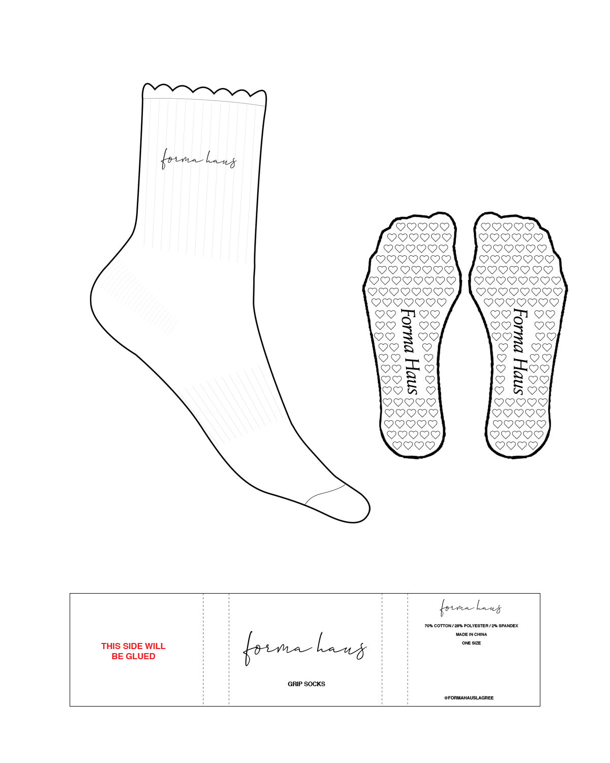 The 3/4 Crew Sock - White - Forma Haus - Top Text - Embroidered - Black - Heart Shape Grip - Black