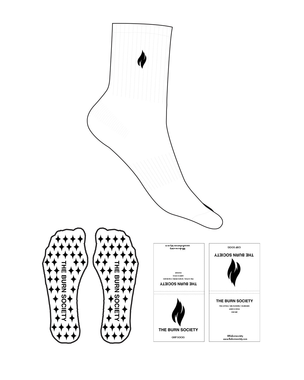 The 3/4 Crew Sock - White - The Burn Society - Top Icon - Embroidered - Black - Star Shape Grip - Black