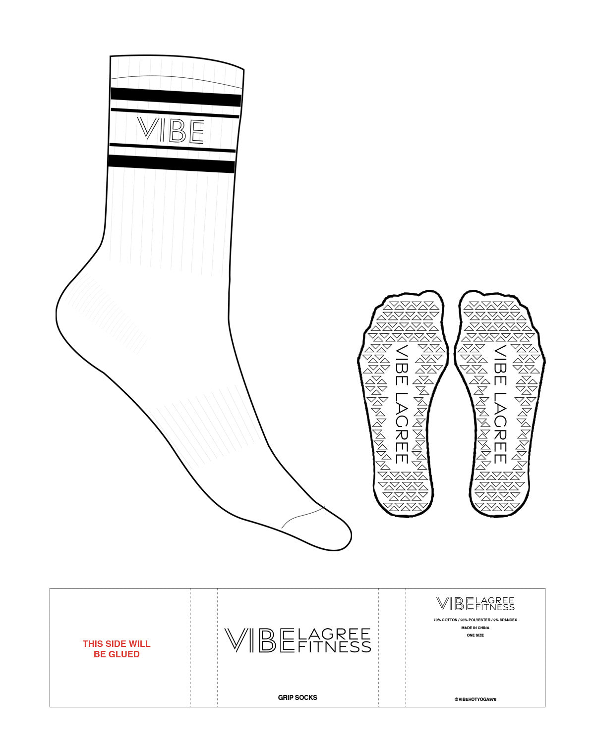 The Crew Sock - White - Vibe Lagree - 4 Bars & Text - Black - Triangle Shape Grip - Black