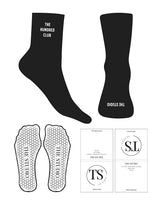 The 3/4 Crew Sock - Black - The Studio Cape - Top "THE HUNDRED CLUB" & Front "THE STUDIO" Logo - White - Hexagon Shape Grip - Transparent