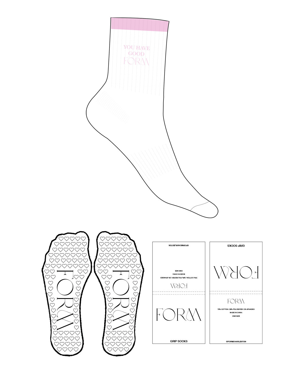 The 3/4 Crew Sock - White - Form Charleston - Single Strip Top Logo - Embroidered - Pink - Heart Shape With Icon  - Pink