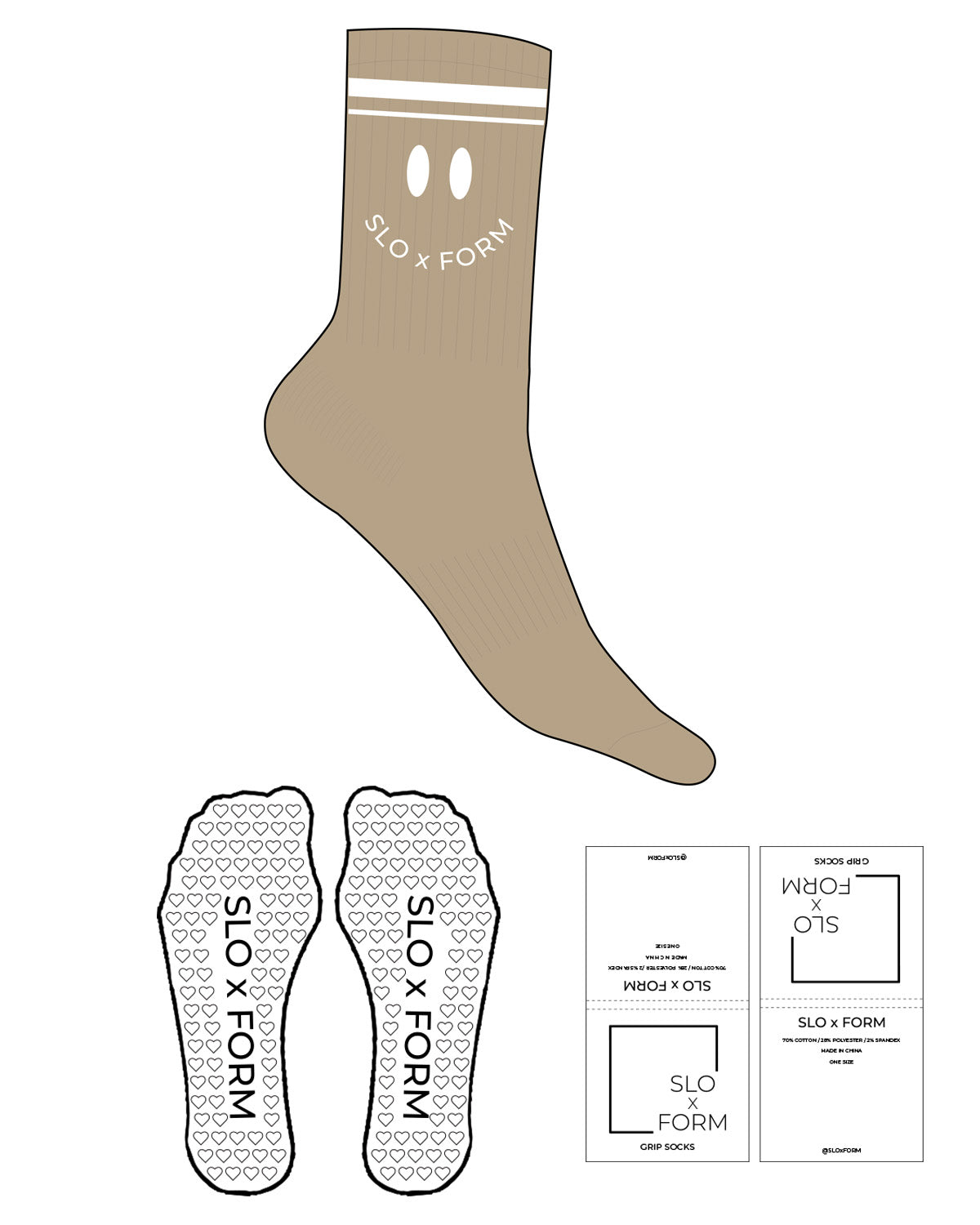 The Crew Sock - Caramel - Slo x Form - 2 Strips - Top Logo - Embroidered - White - Heart Grip - White