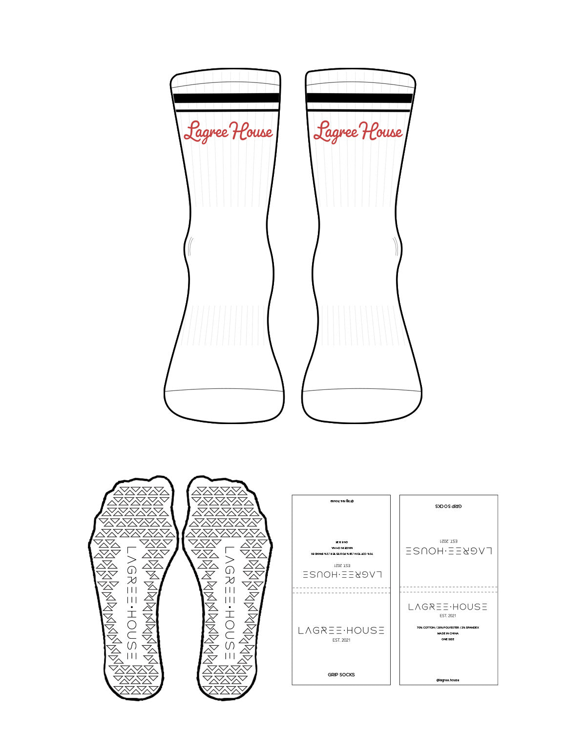 The 3/4 Crew Sock - White - Lagree House - 2 Strips - Top Logo - Full Color - Triangle Shape Grip - Black