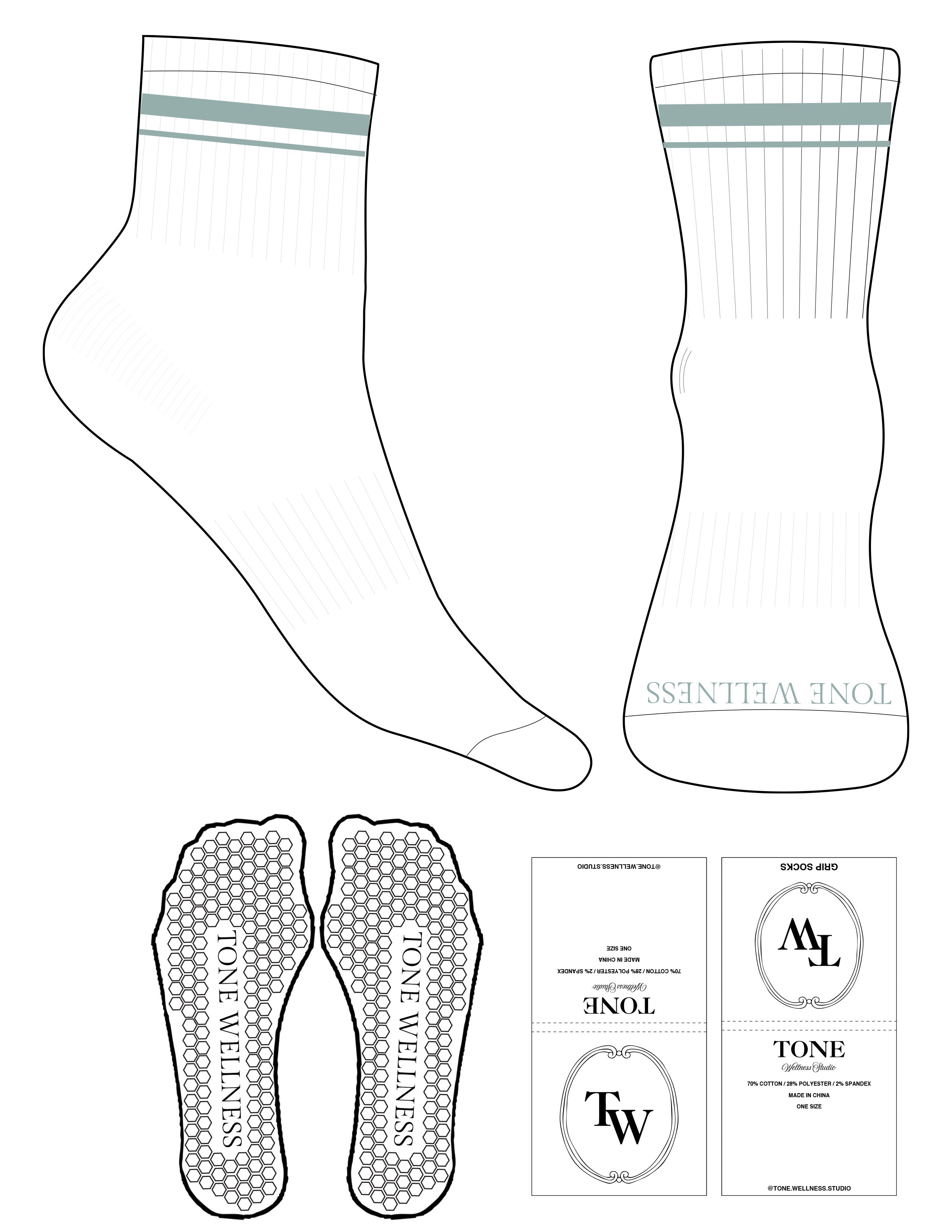 The 1/2 Crew Sock - White - Tone Wellness Studio - 2 Stripes - Toe Logo - Seafoam - Hexagon Grip - White