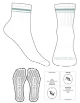 The 1/2 Crew Sock - White - Tone Wellness Studio - 2 Stripes - Toe Logo - Seafoam - Hexagon Grip - White