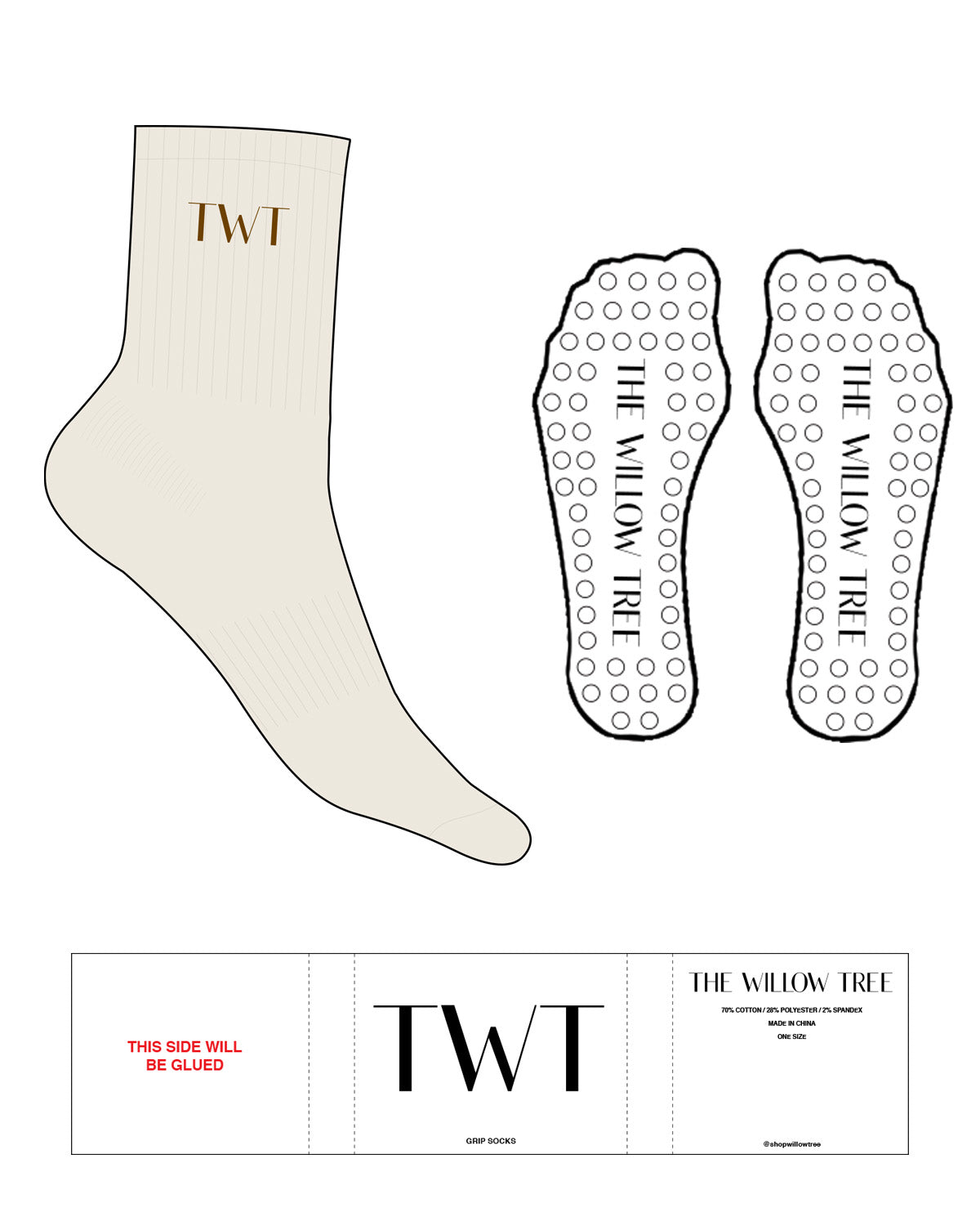 The 3/4 Crew Sock - Off White - The Willow Tree - Top Logo "TWT" - Embroidered - Brown - Circle Grip - Transparent