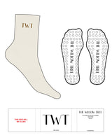 The 3/4 Crew Sock - Off White - The Willow Tree - Top Logo "TWT" - Embroidered - Brown - Circle Grip - Transparent