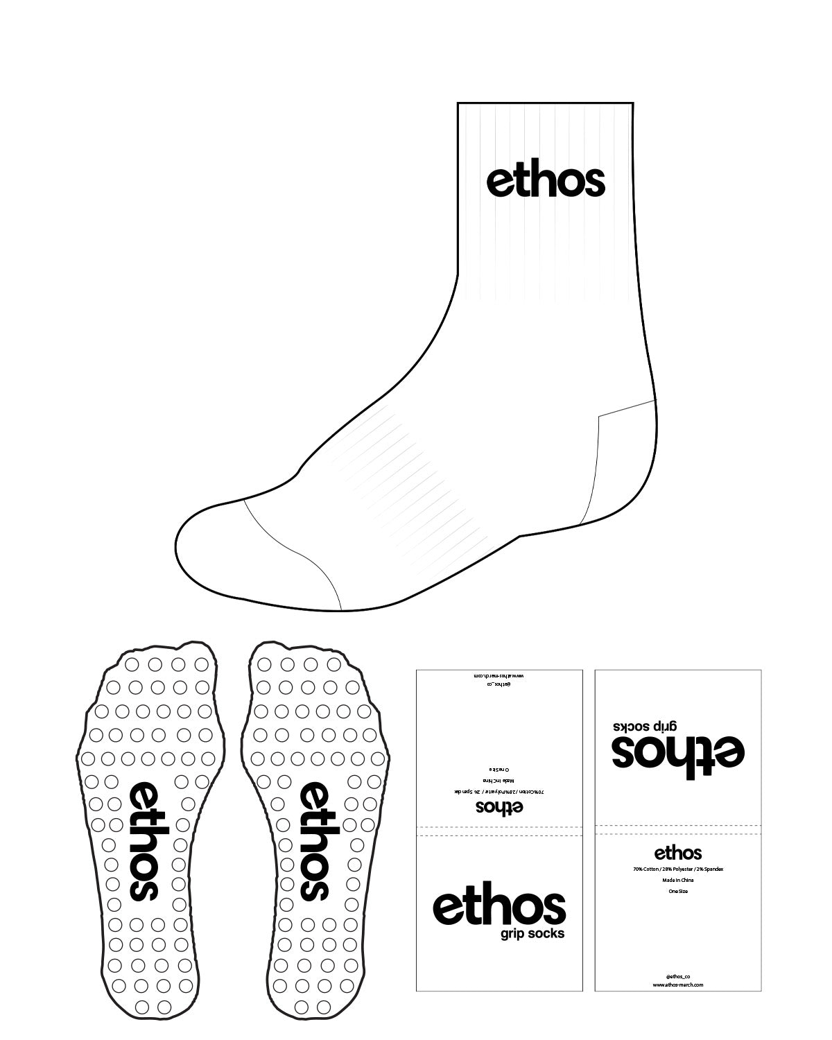 The 3/4 Crew Sock - White - Ethos Socks - Top Center Text - Black - Circle Shape - Black Grip