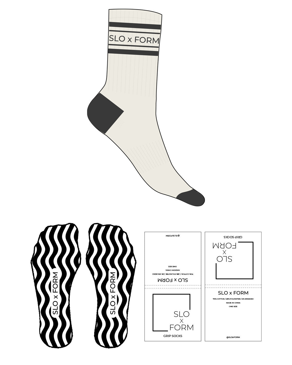 The Crew Sock - Off White - Slo x Form - Charcoal Stripes, Heel & Toe - Top Logo - Charcoal - Custom Wave Grip - Charcoal