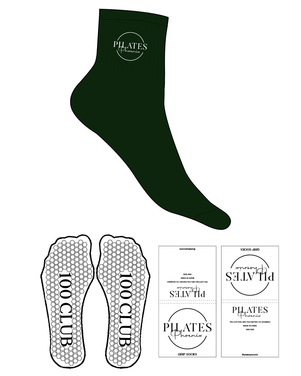 The 1/2 Crew Sock - Dark Green - Pilates Phoenix - Top Logo Stacked - Embroidered - White - Hexagon Shape Grip "100 Club" - White