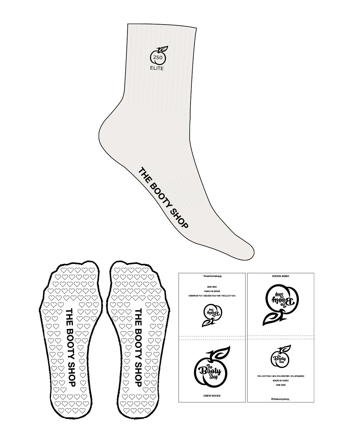 The 3/4 Crew Sock - Cloud Dancer - The Booty Shop - Ankle Logo - "250" - EMB - Black - Foot Text - Printed - Black - Heart Grip - Black