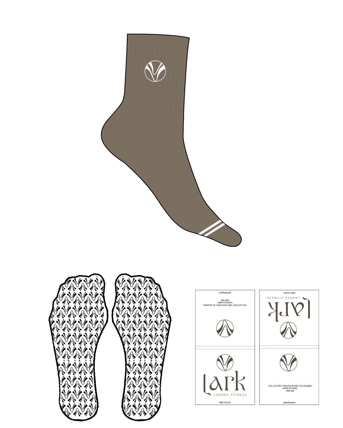 The 3/4 Crew Sock - Mocha - Pure Movement LARK - 2 Toe Strips - Top Logo - Embroidered - White - Icon Grip - Transparent