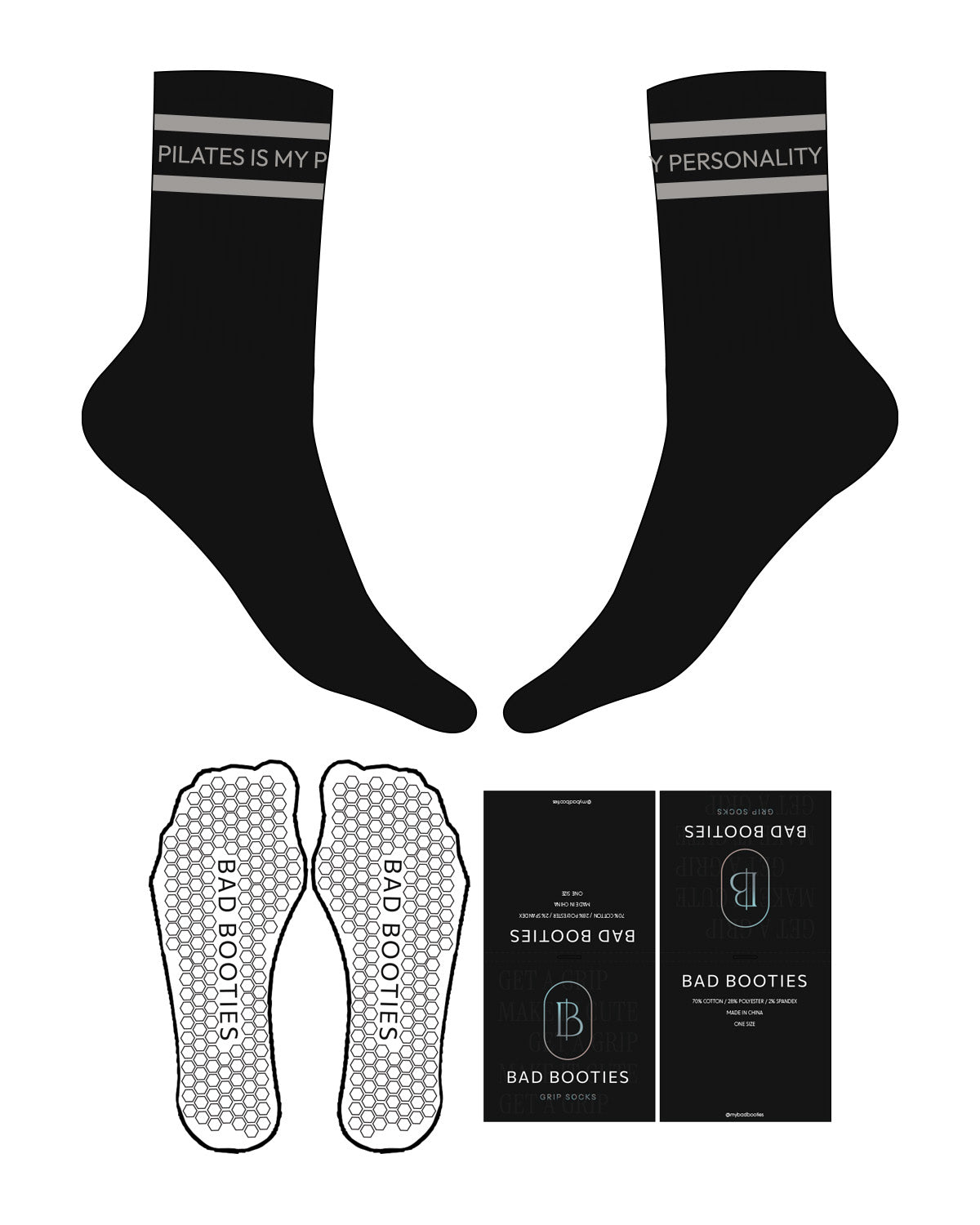 The Crew Sock - Black - Booties - 2 Stripes -In Between Text - Hexagon Grip - Black