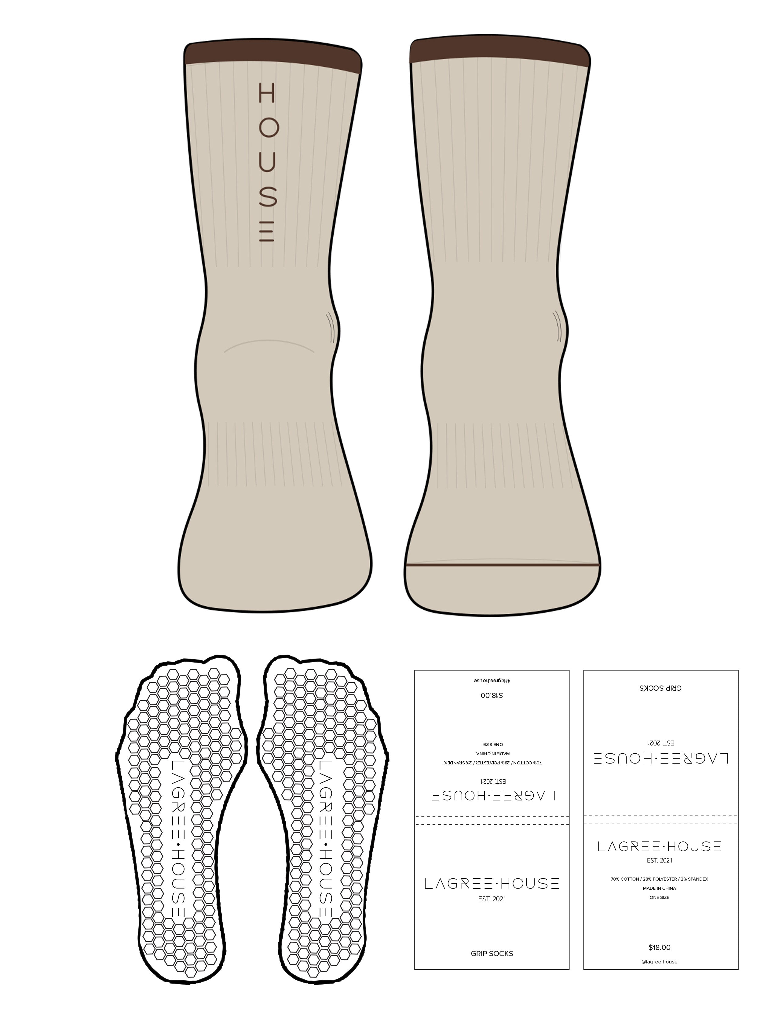 The 3/4 Crew Sock - Oat Milk - Lagree House - Dark Brown Stripes - Top Front & Back Logo - Printed - Dark Brown - Hexagon Grip - Transparent