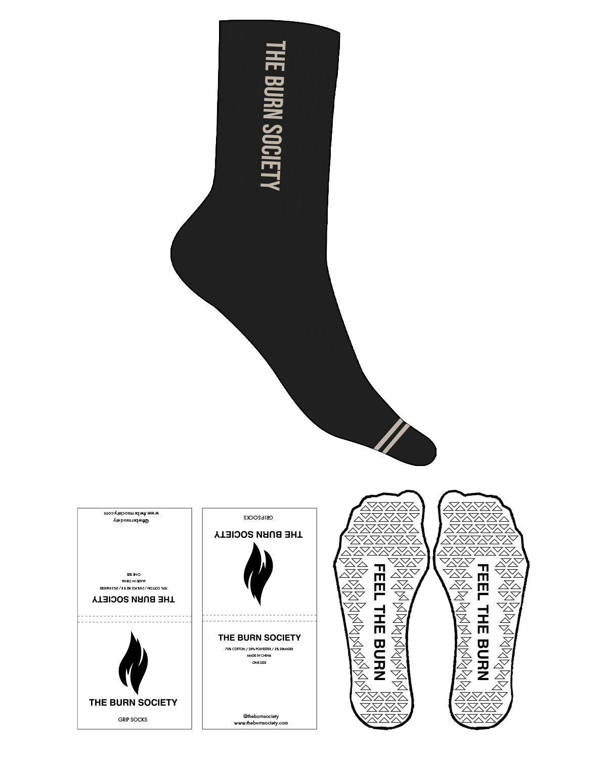 The Crew Sock - Black - The Burn Society - Text Vertical - Tan L287 - Triangle Shape Grip - Transparent
