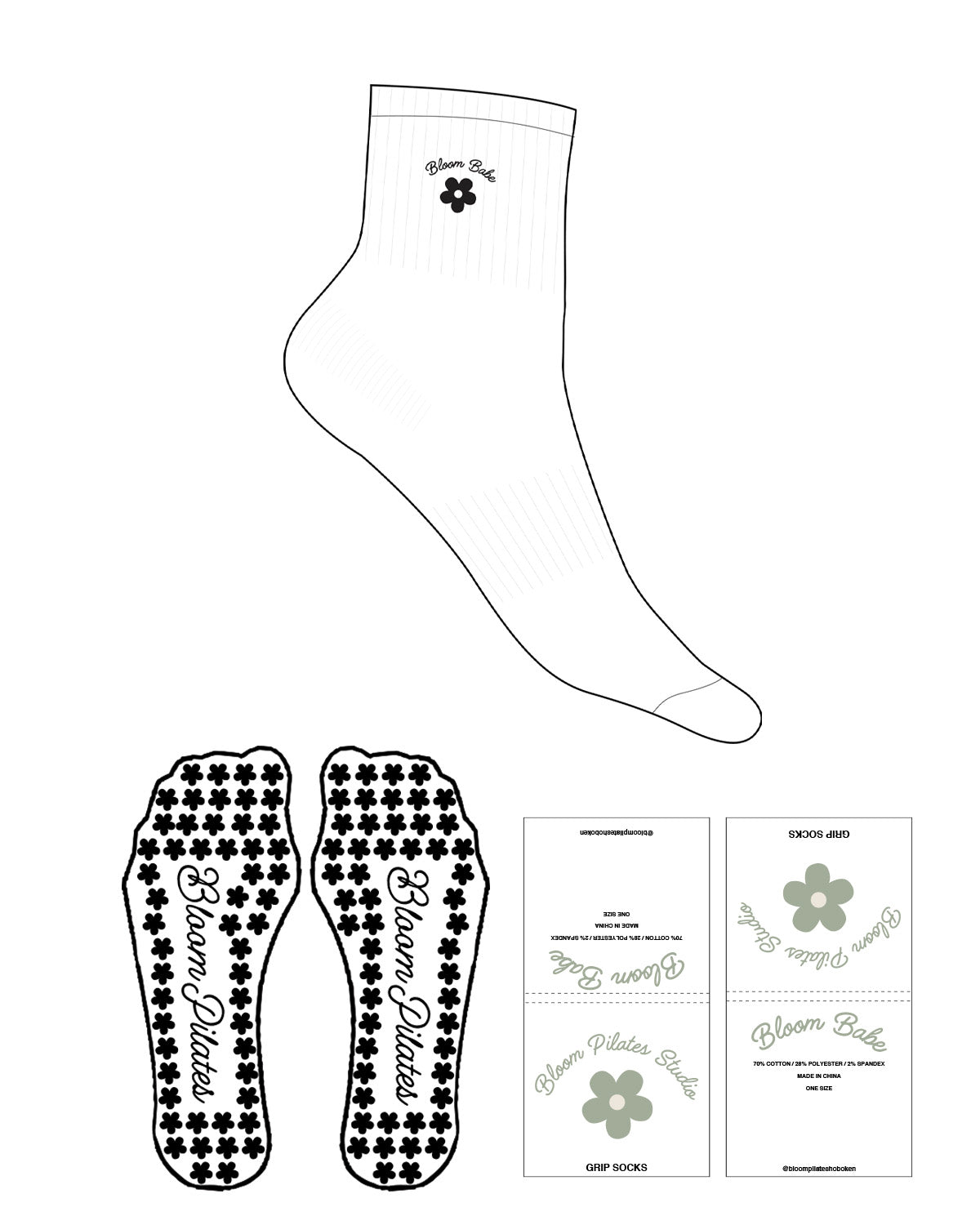 The 1/2 Crew Sock - White - Bloom Pilates - Top Logo - Embroidered - Black - Flower Grip - Black