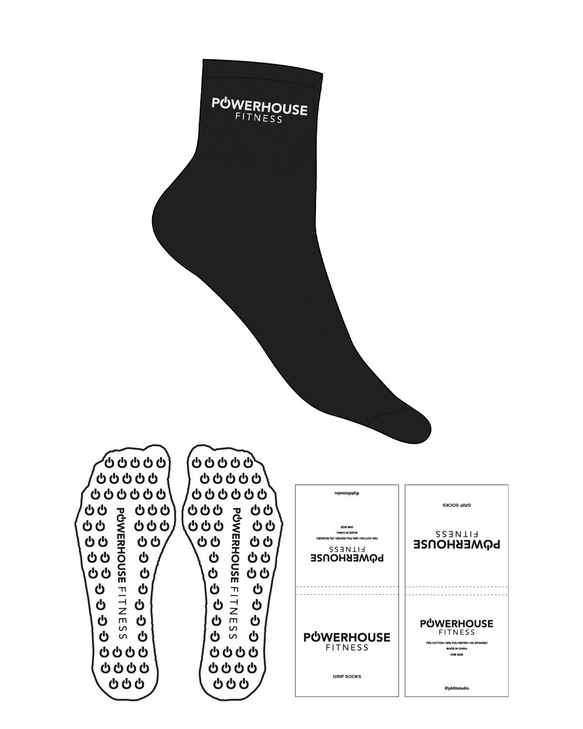 The 1/2 Crew Sock - Black - Powerhouse Fitness - Top Logo - White - Power Shape Grip - White