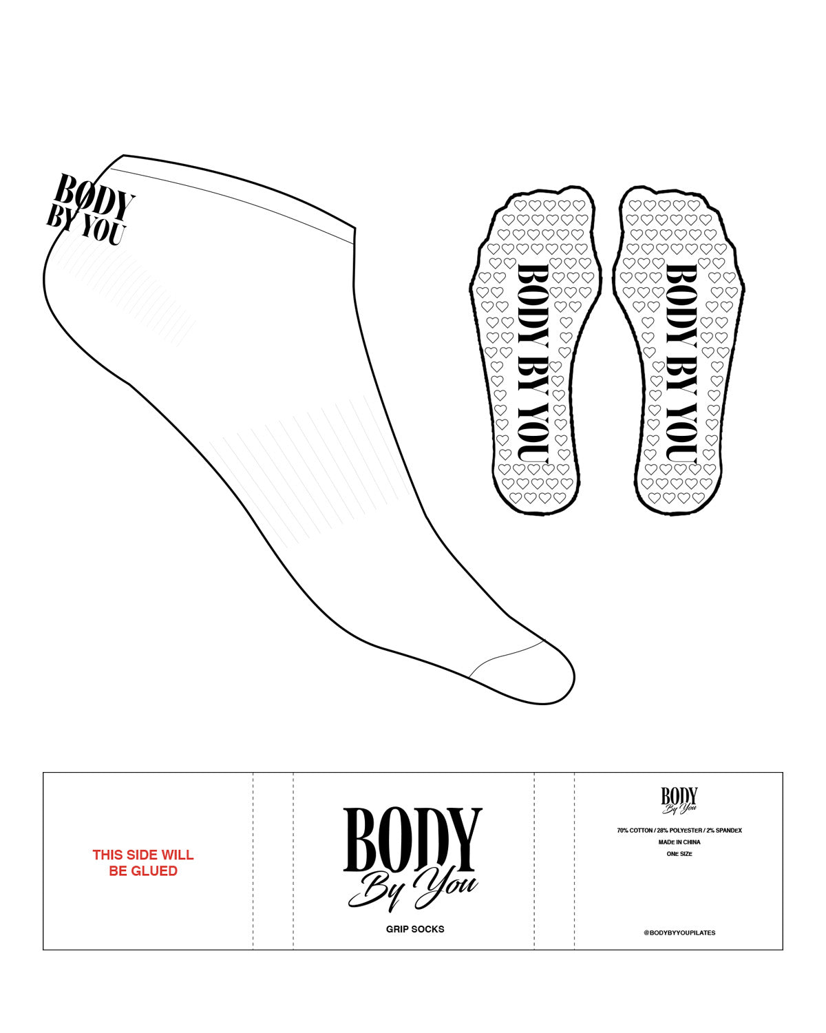 The Ankle Sock - White - Body By You - Back "Body By You" Logo" - Black- Heart Shape Grip - Black