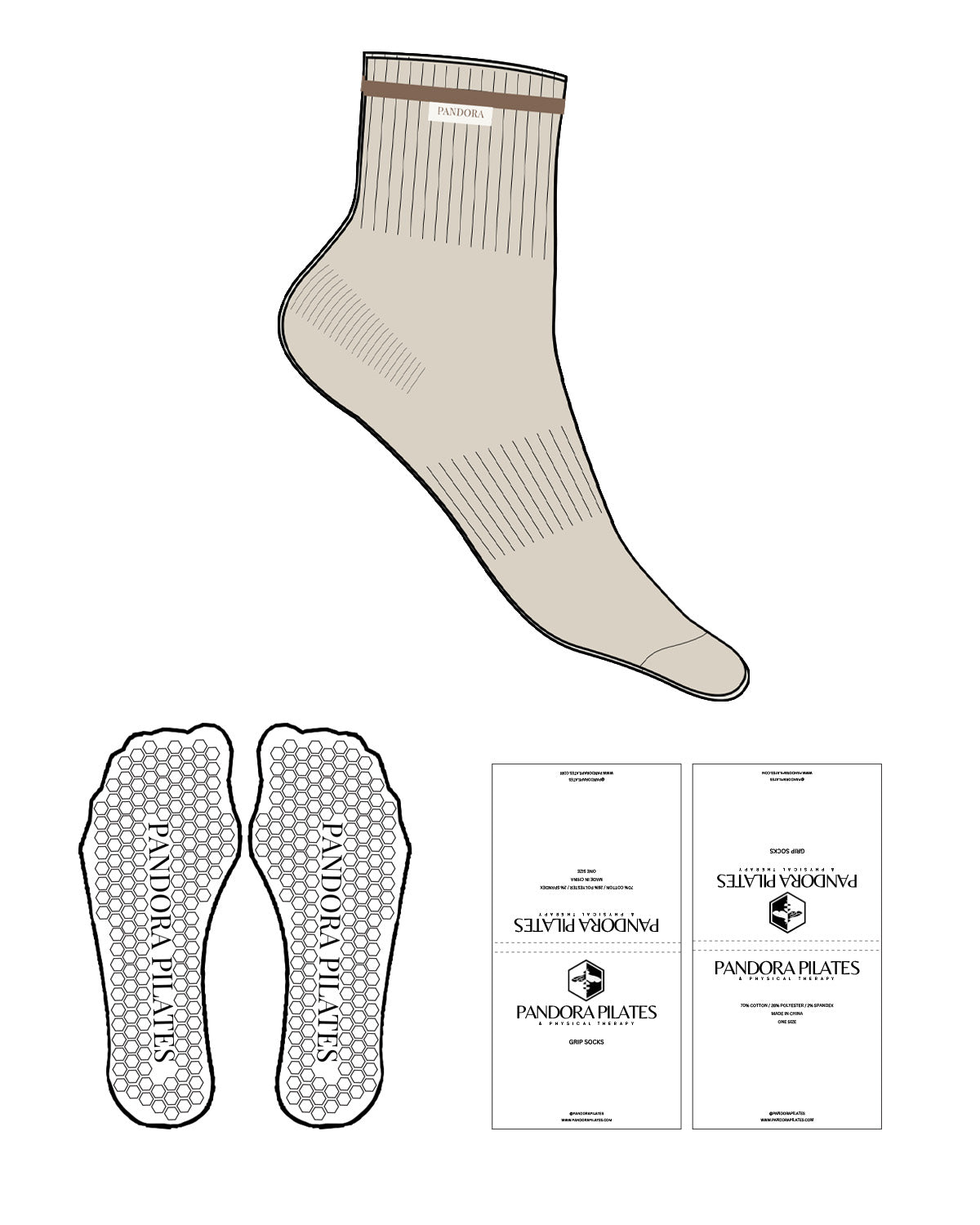 The Crew Sock - Sand - Pandora Pilates - Top Border & Text - Brown Stripe -  Cream Embroidered Label - Hexagon Shape Grip - Transparent
