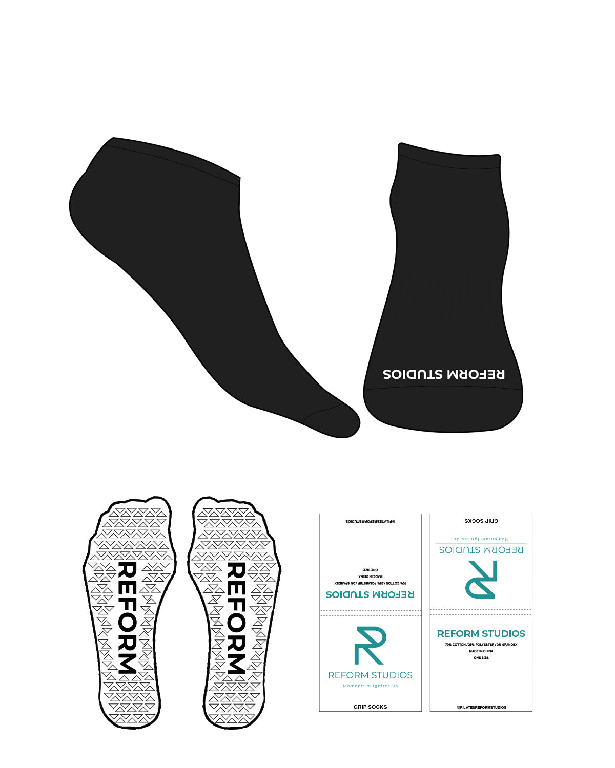The Ankle Socks - Black - Reform Studios - Front Logo - White - Triangle Shape Grip - White