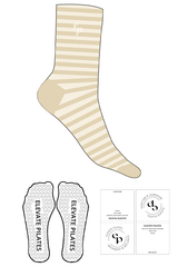 The Crew Sock - Light Yellow - Elevate Pilates - Dark Yellow Printed Stripes - Top Logo Stacked - Embroidered - White - Heart Grip - Transparent