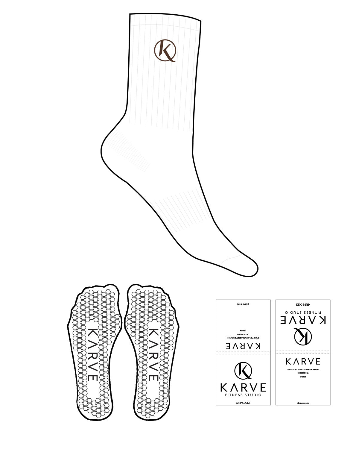 The Crew Sock - White - Karve - Top Logo - Embroidered - Dark Brown - Hexagon Grip - Brown