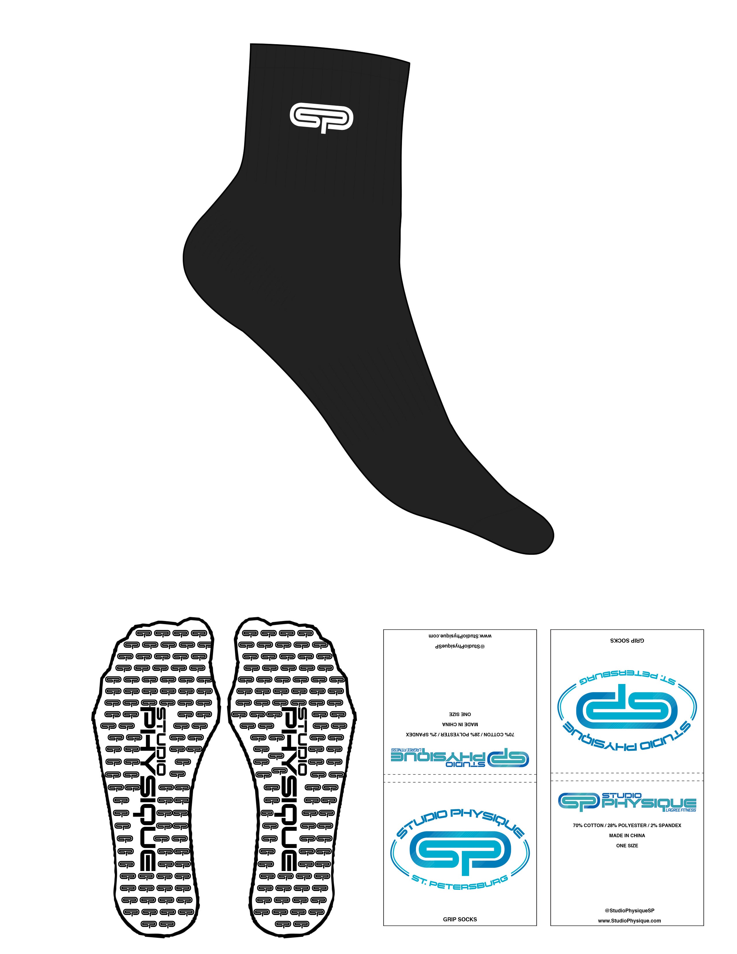 The 1/2 Crew Sock - Black - Studio Physique - Top Logo - Embroidered - White - Custom Icon Grip - Black