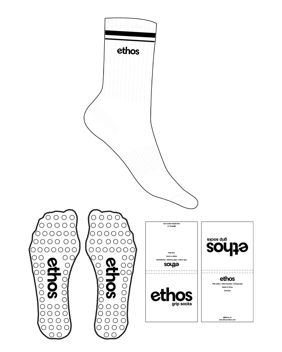 The Crew Sock - White - Ethos Socks - Top Logo - Embroidered - 2 Strips - Black Circle Grip - Black