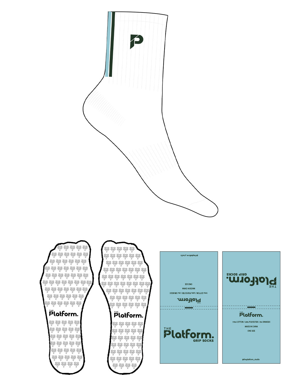 The Crew Sock - White - The Platform Studio - Top Logo - Embroidered - Evergreen - 2 Vertical Stripes - Light Blue /Evergreen - Palm Tree -Evergreen