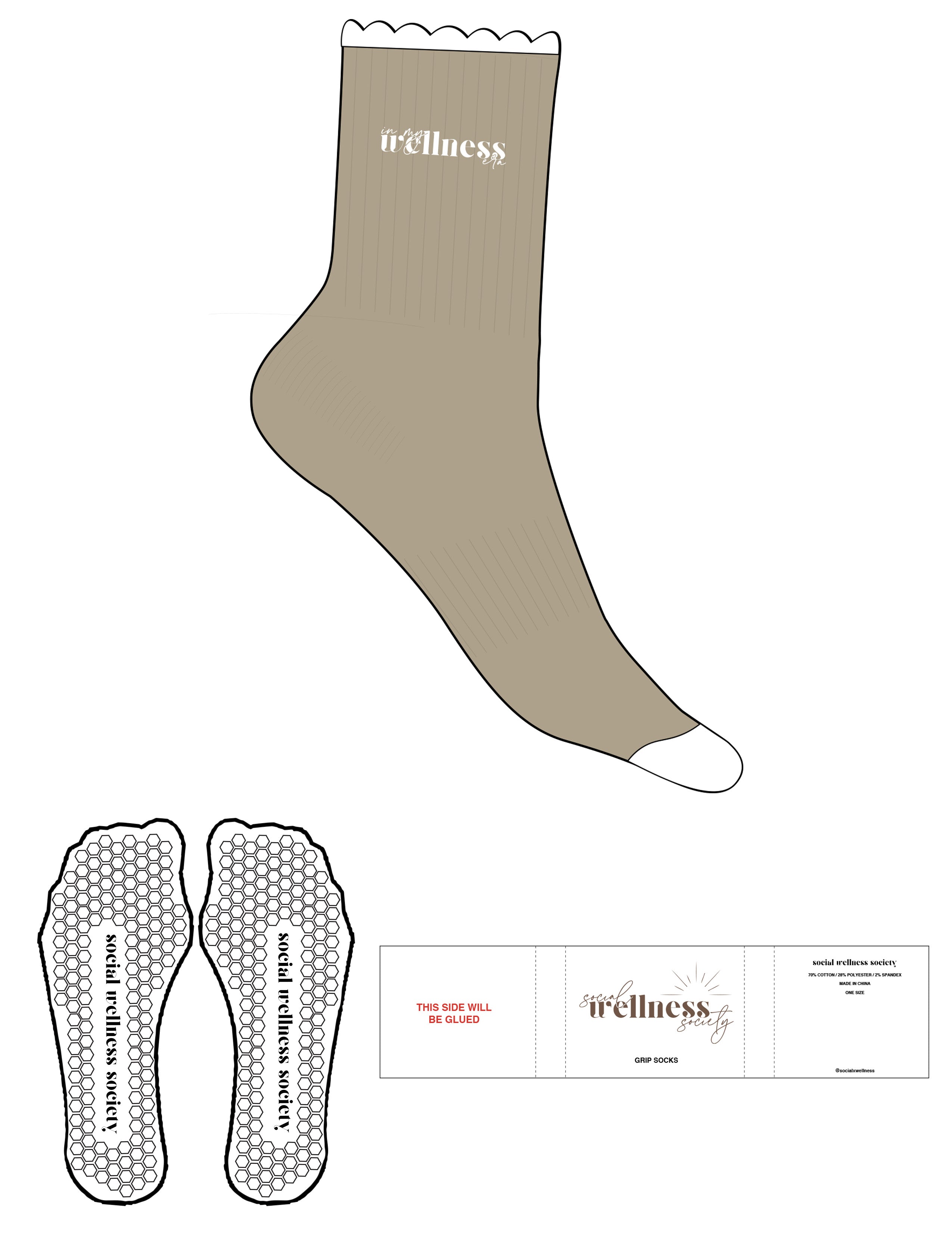 The 3/4 Crew Sock - Mocha - SWS - White Scallops - Top Logo Embroidered - Toe Box Printed - White - Hexagon Grip - White