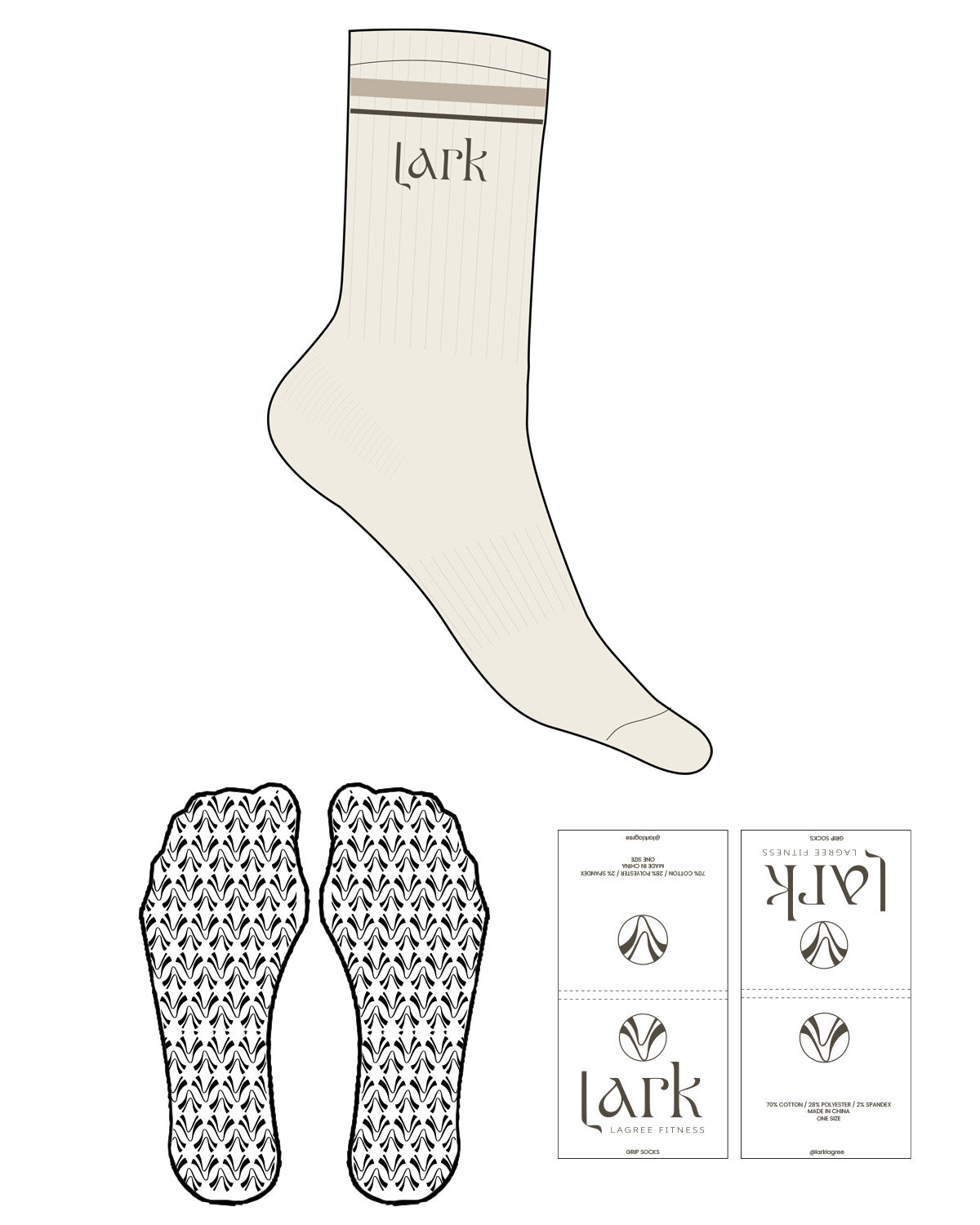 The Crew Sock - Off White - Pure Movement LARK - 2 Strips - Top Logo - Full Color - Icon Grip - Transparent