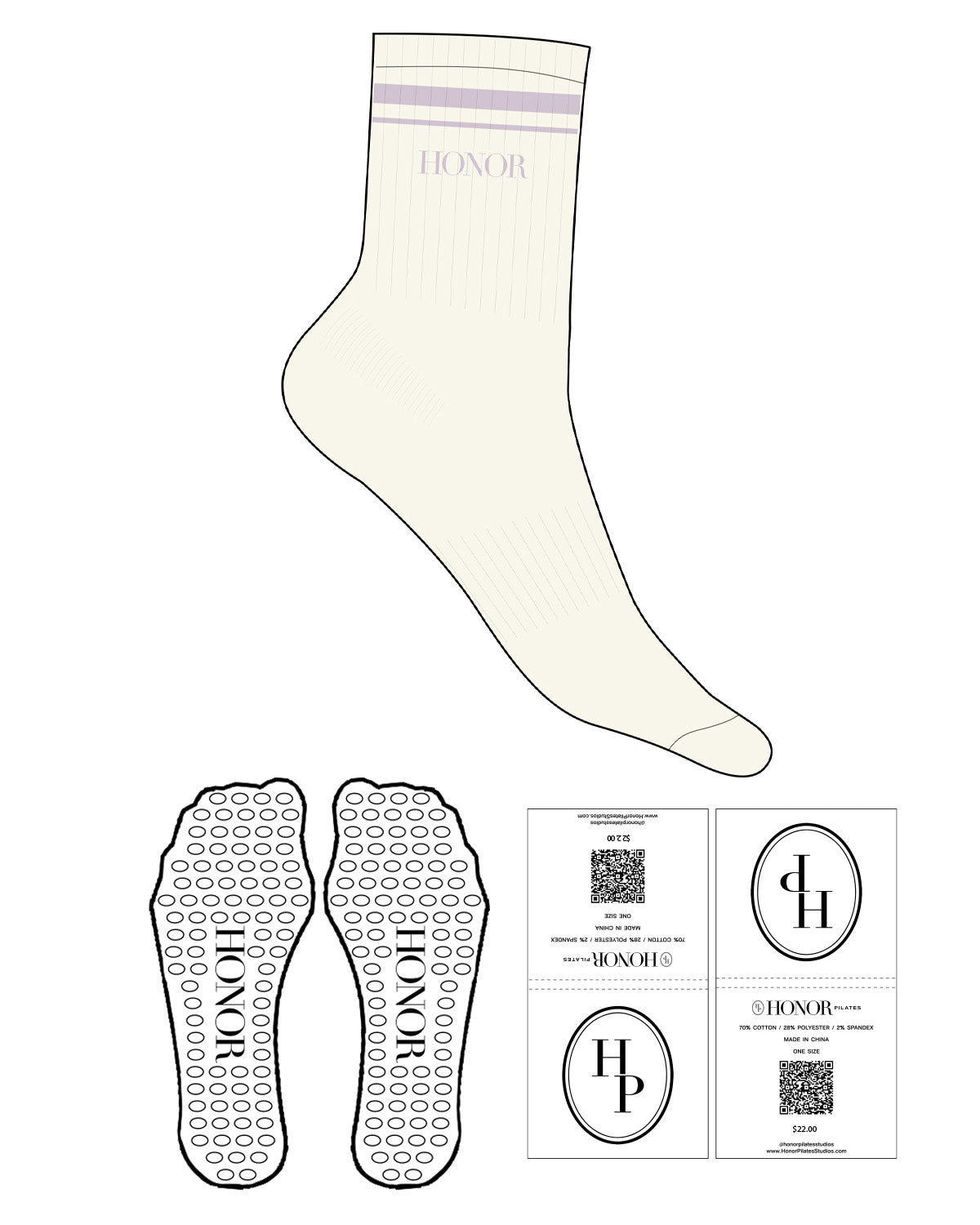 The 3/4 Crew Sock - Off White - Honor Pilates - Top Logo - Embroidered - 2 Stripes - Light Purple - Circle Shape Grip - Transparent