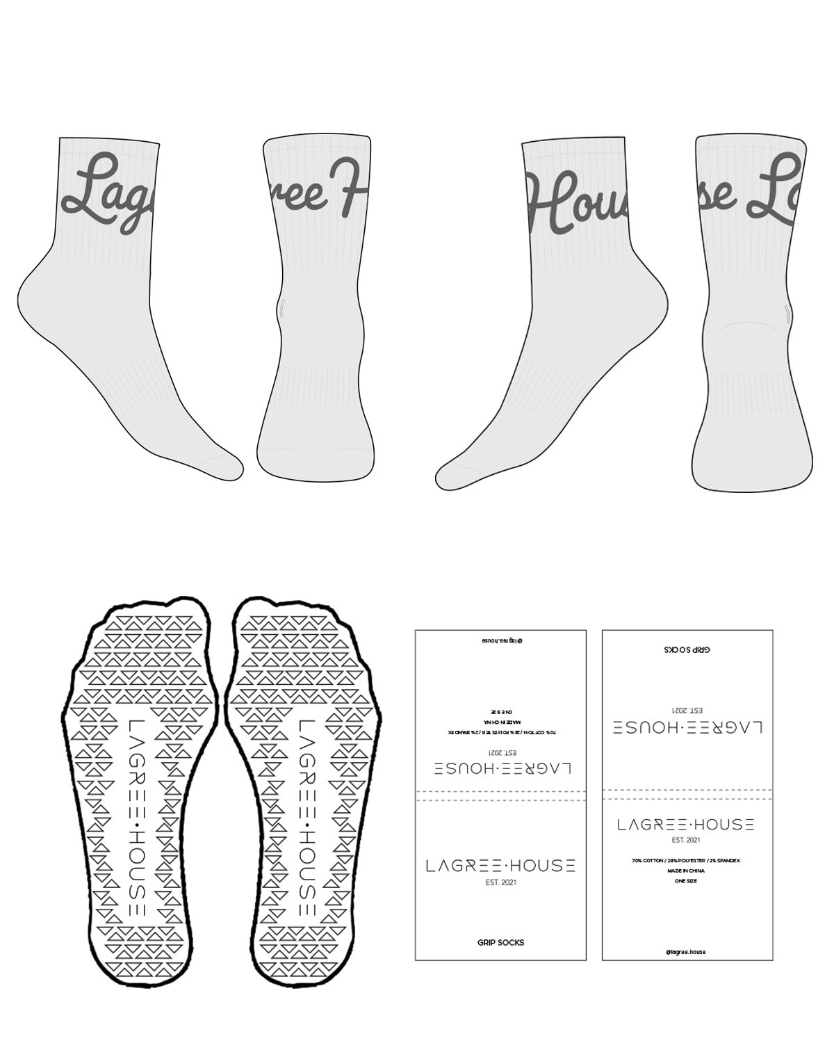 The 3/4 Crew Sock - White Heather - Lagree House - Top Logo - Charcoal - Triangle Shape Grip - Transparent