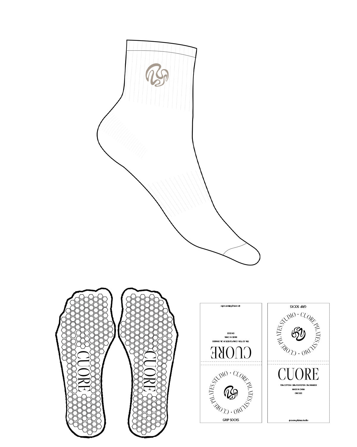 The 1/2 Crew Sock - White - Cuore Pilates Studio - Top Logo Round - Embroidered - Brown - Hexagon Grip - Brown