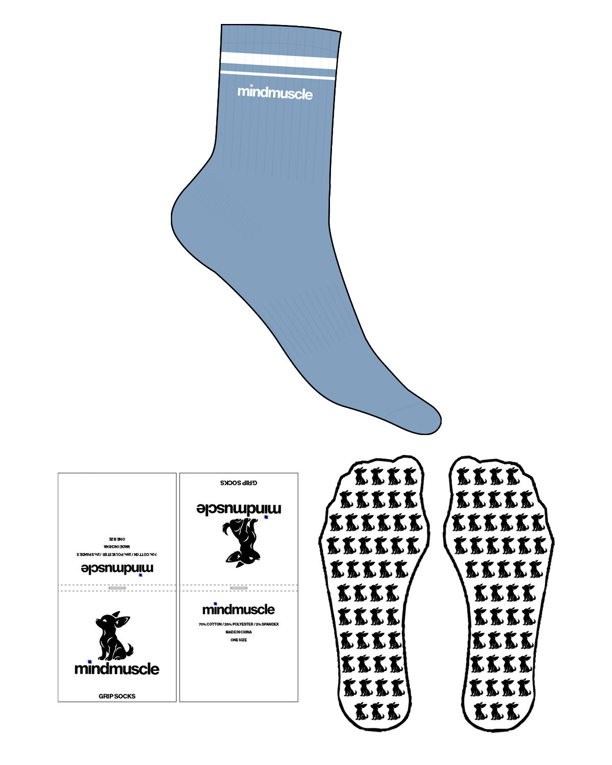 The 3/4 Crew Sock - Blue Ash - Mind Muscle - 2 Stripes - Top Logo - White - Custom Grip - White