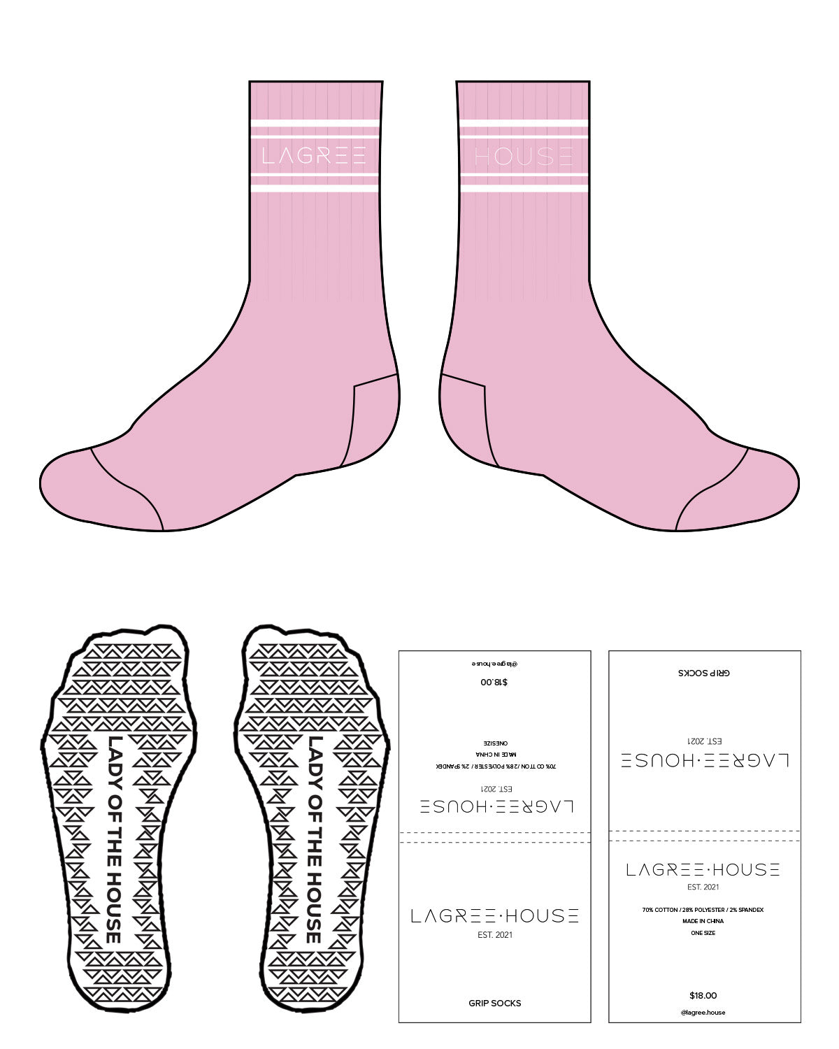 The Crew Grip Sock - Pink - Lagree House - White