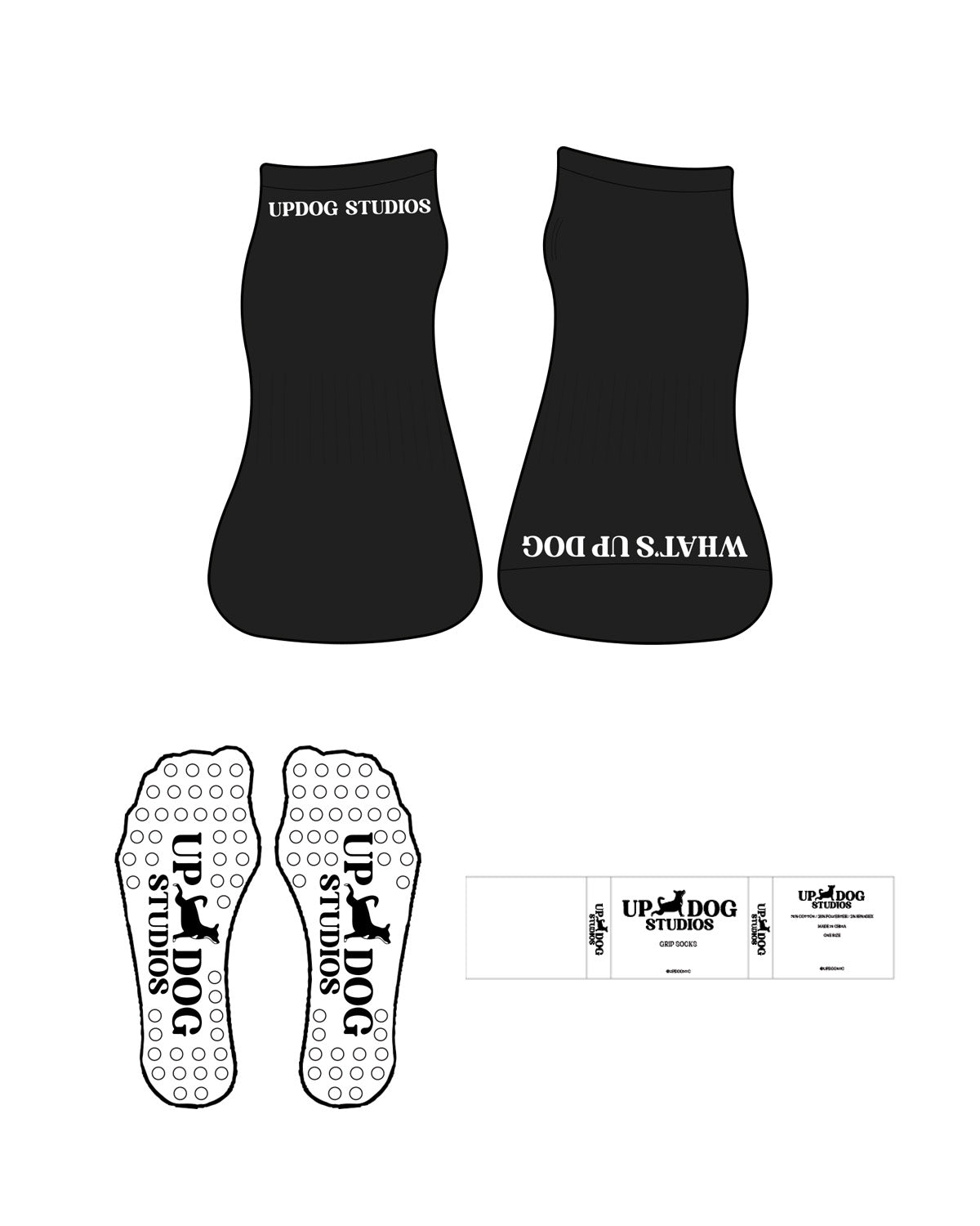 The Ankle Sock - Black - Updog Yoga - Top and Front Inverted Logo - White - Circle Shape Grip - White