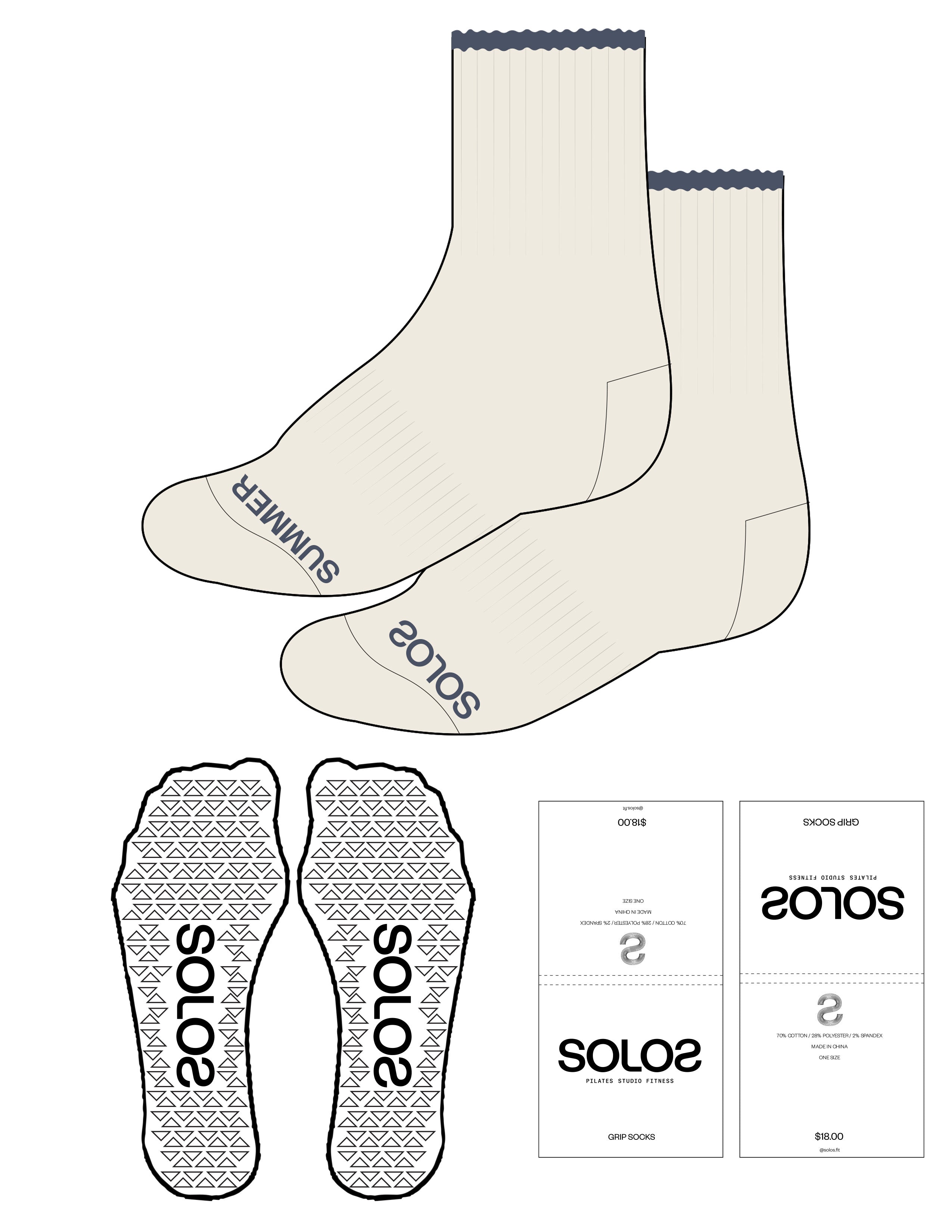 The 3/4 Crew Sock - Off White - Solos Pilates - Bottom Text -  Solos Dark Blue - Triangle Shape - Transparent