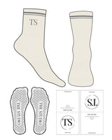 The 3/4 Crew Sock - Off White - The Studio Cape - 2 Strips - Top Logo "TS" - Charcoal - Hexagon Shape Grip - Transparent