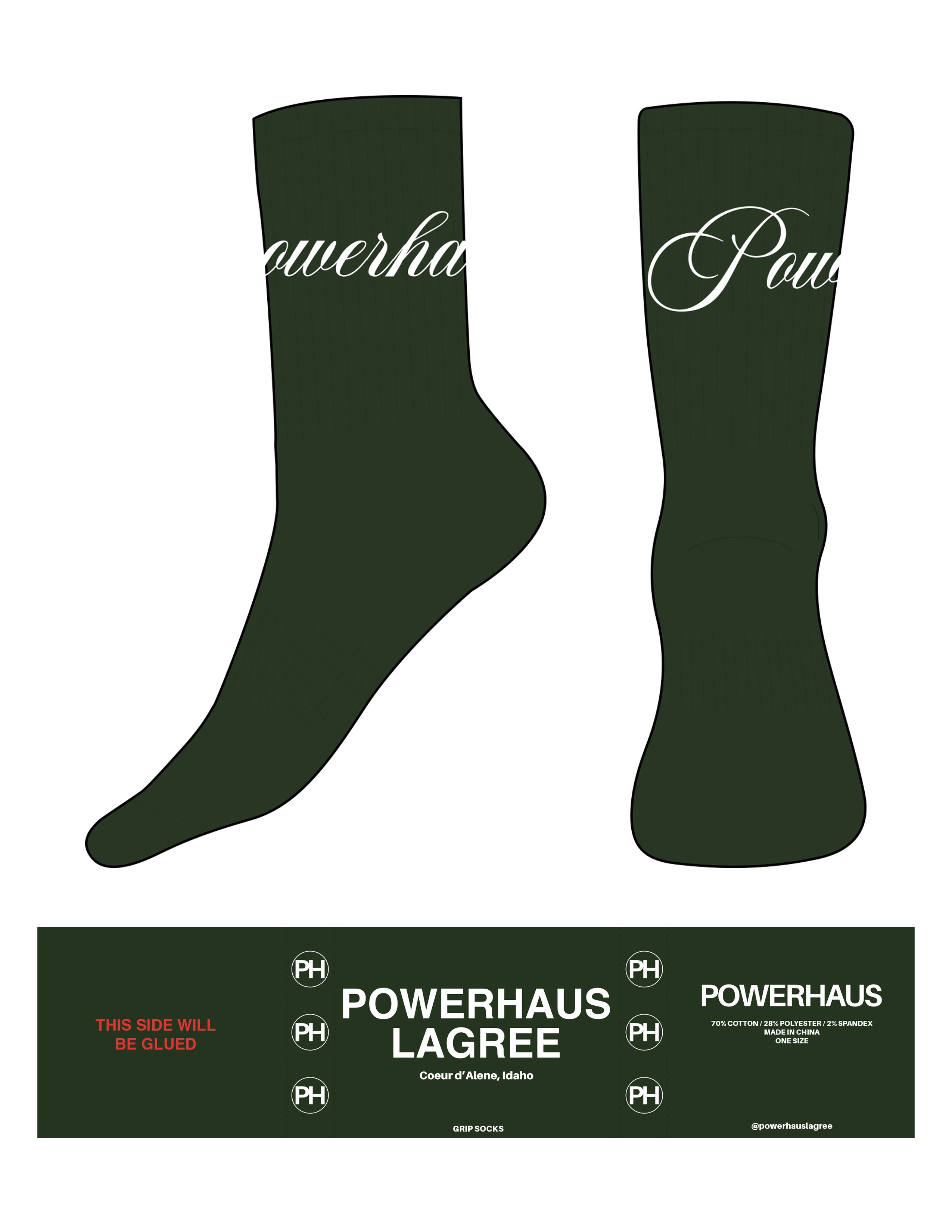 The Crew Sock - Forest Green - Powerhaus Lagree - Top Logo Wrapped - White - Heart Grip - White